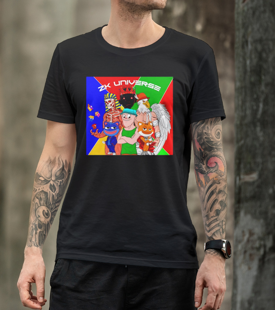 ZK Universe Colorful Characters With Pharaoh Skeleton, Crowned Figure, And Winged Eagle T-Shirt