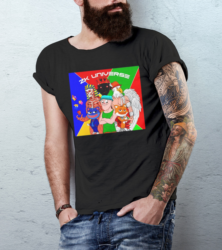 ZK Universe Colorful Characters With Pharaoh Skeleton, Crowned Figure, And Winged Eagle T-Shirt