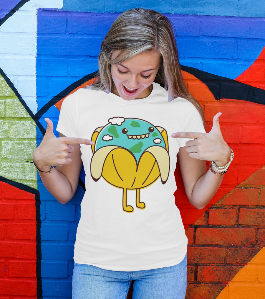 The World Has Gone Bananas Earth In A Peel With Clouds And Smiley Face T-Shirt