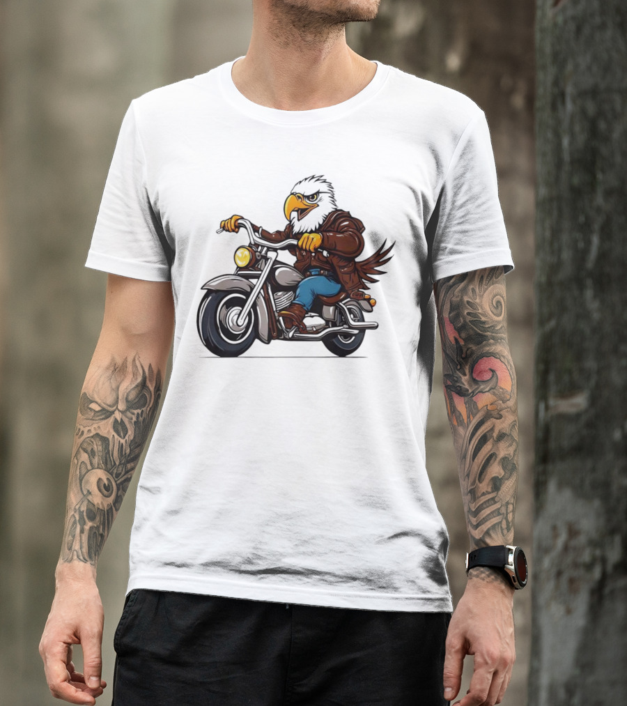Eagle Riding Motorcycle In Brown Jacket And Blue Jeans T-Shirt
