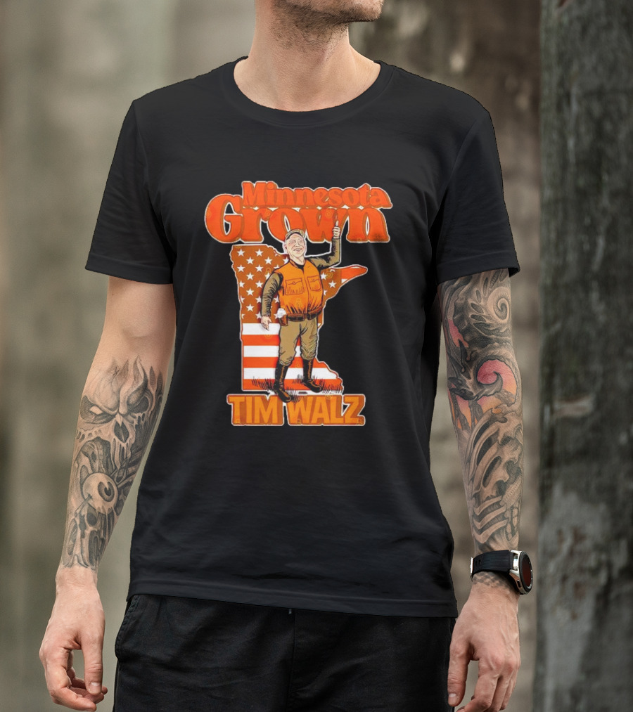 Minnesota Grown Tim Walz Thumbs Up American Flag State Outline T-Shirt