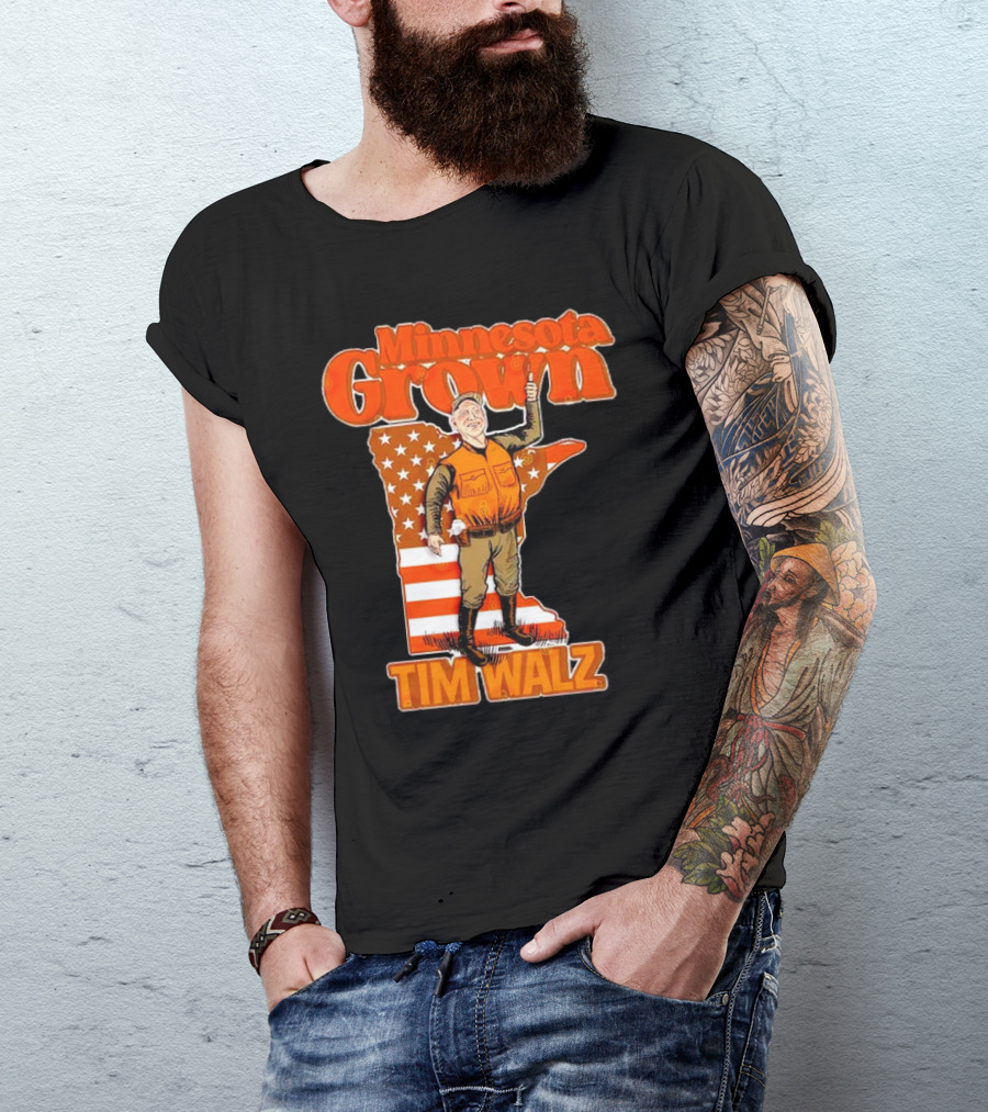 Minnesota Grown Tim Walz Thumbs Up American Flag State Outline T-Shirt
