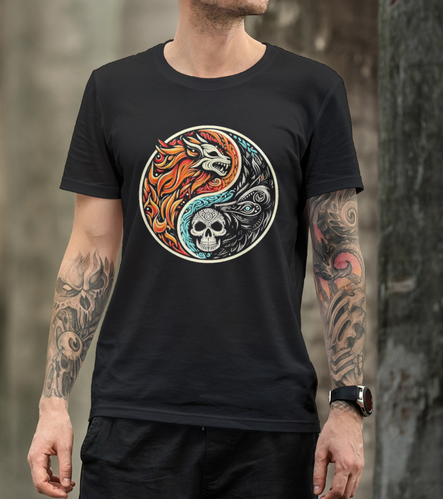 Wolf Warrior Yin Yang Skull Flame Elements T-Shirt