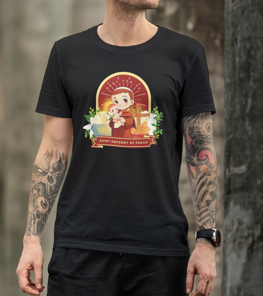 Saint Anthony Of Padua Pray For Us Cartoon With Bible And Bread T-Shirt