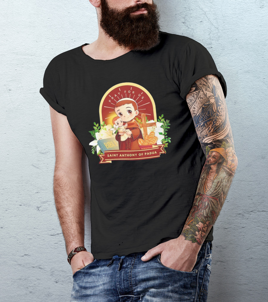 Saint Anthony Of Padua Pray For Us Cartoon With Bible And Bread T-Shirt