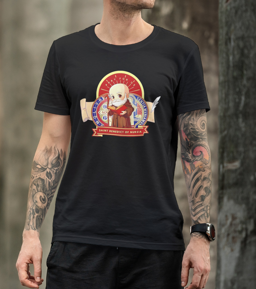 Saint Benedict Of Nursia Pray For Us Cartoon M O L I V B Senitas Munian E I V B Benedict II O S Smqlv X O P S V R S M Q L I V B P A X C S P B T-Shirt