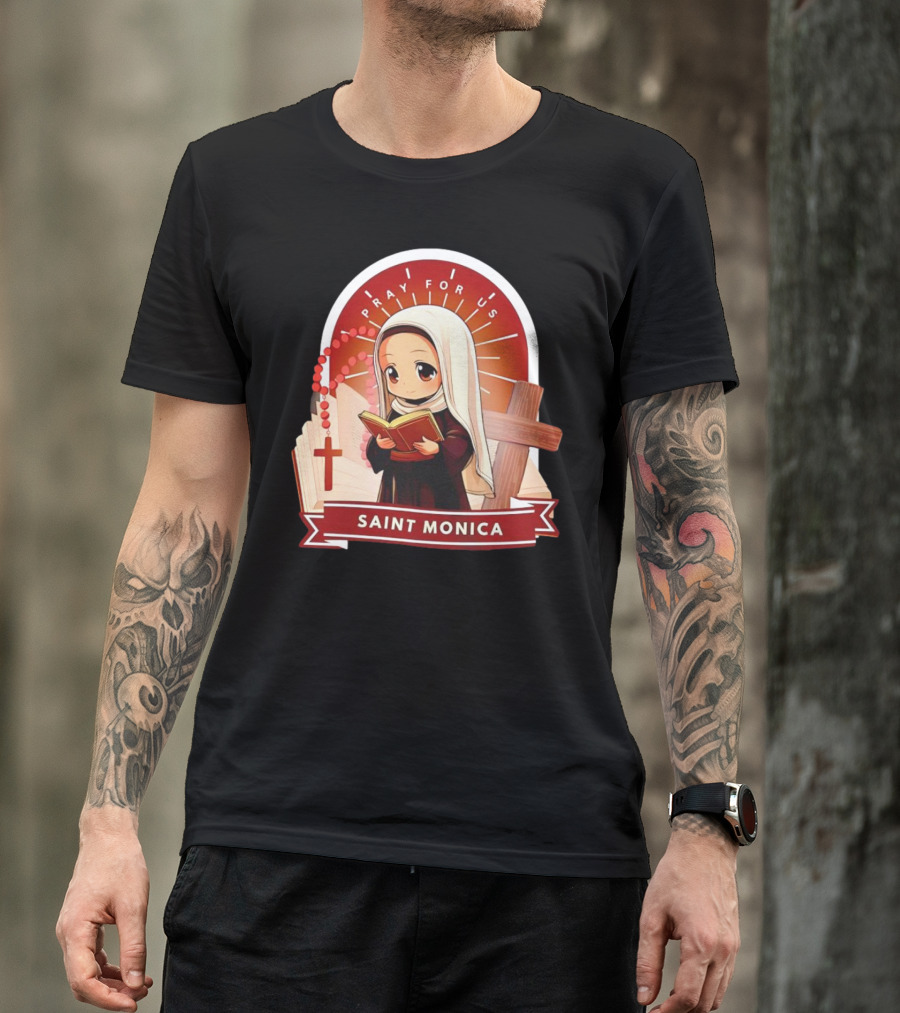 Saint Monica Pray For Us Cartoon Hippo Theme With Book And Cross T-Shirt