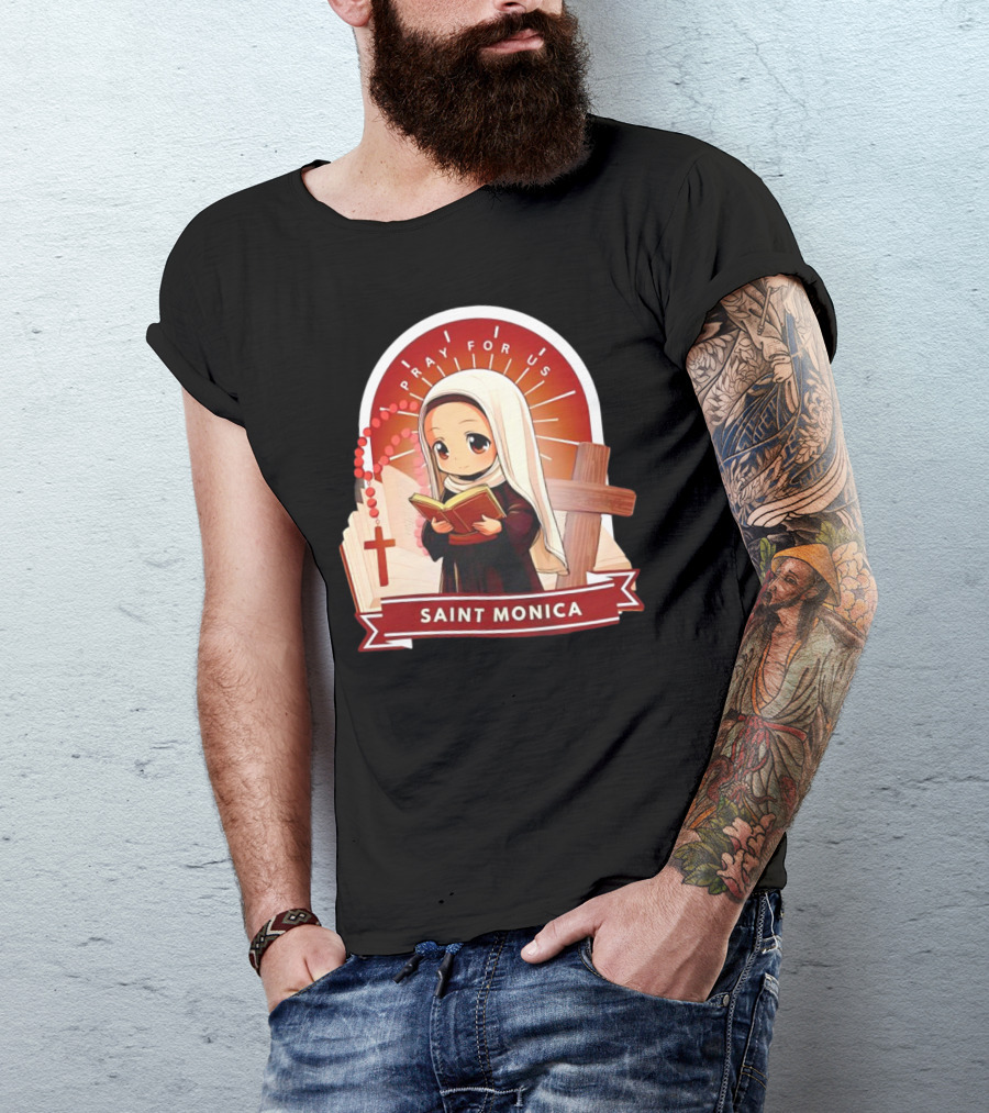 Saint Monica Pray For Us Cartoon Hippo Theme With Book And Cross T-Shirt