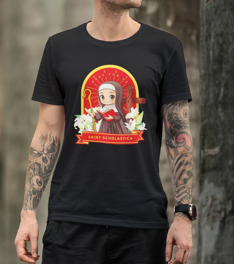 Saint Scholastica Pray For Us Cartoon Cute Nun Illustration With Cross And Flowers T-Shirt