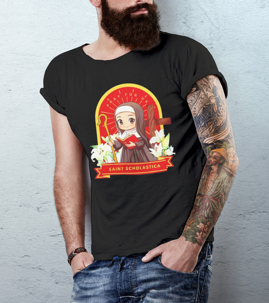 Saint Scholastica Pray For Us Cartoon Cute Nun Illustration With Cross And Flowers T-Shirt