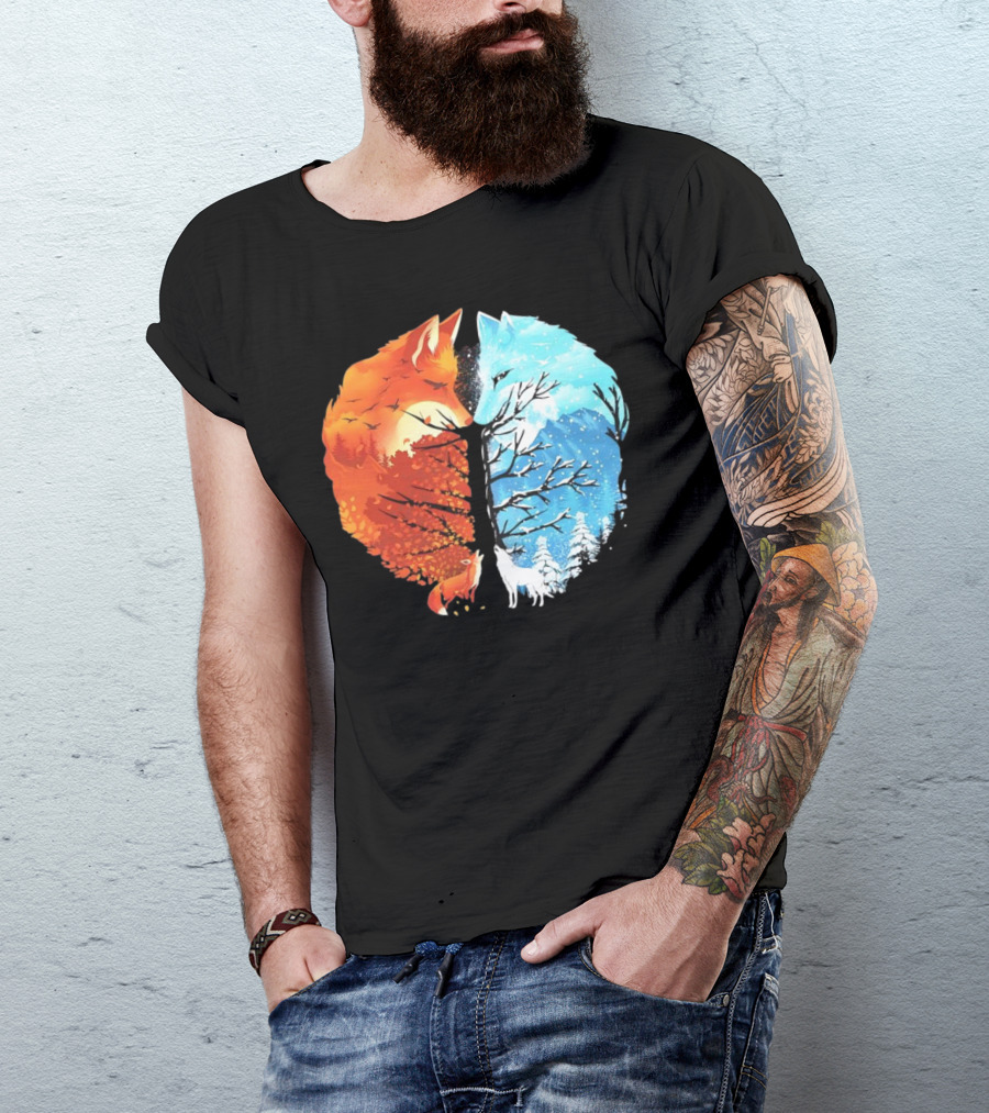 Fire And Ice Fox Dual Seasons Tree T-Shirt