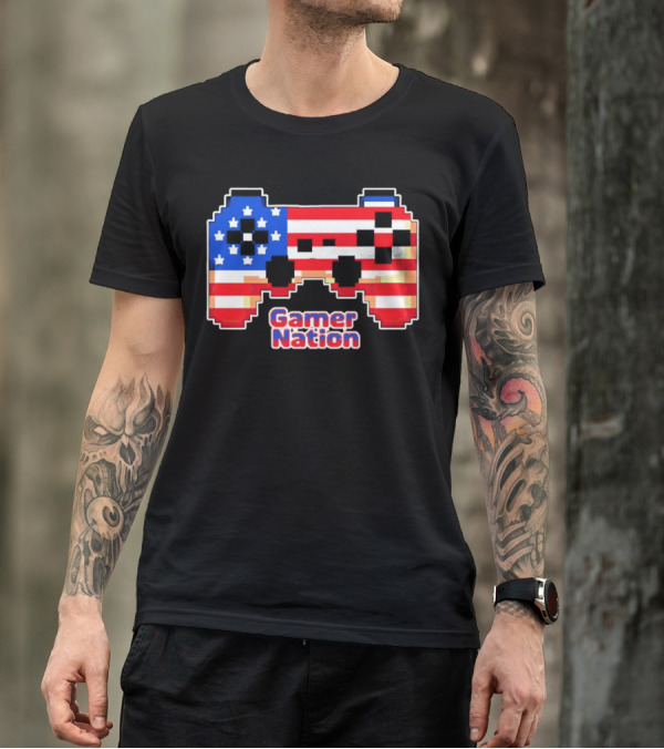 American Flag Pixel Art Gamer Nation Controller T-Shirt