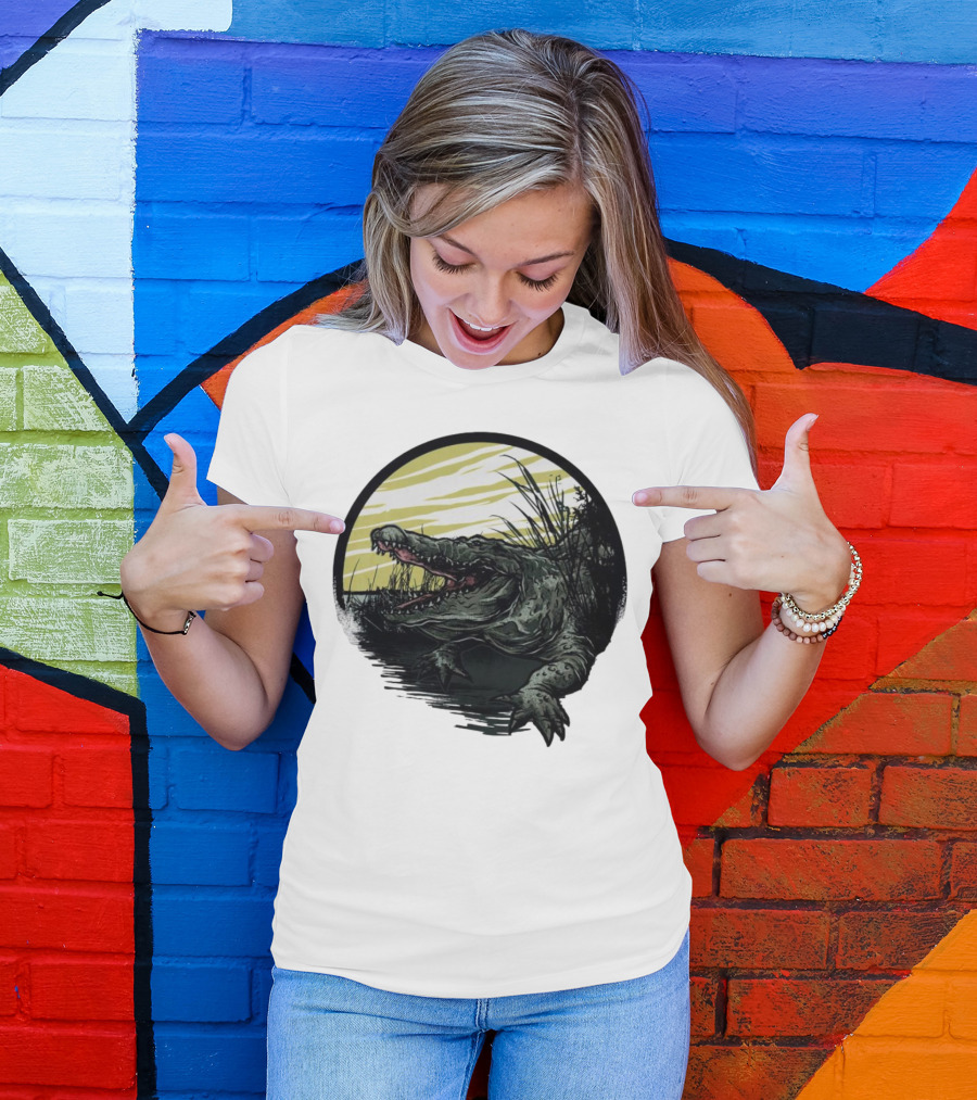 Crocodile Emerging From Water With Yellow Sky And Reeds T-Shirt