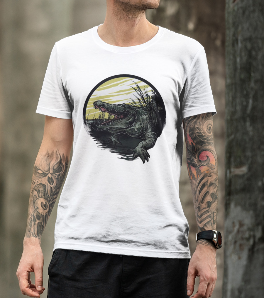 Crocodile Emerging From Water With Yellow Sky And Reeds T-Shirt