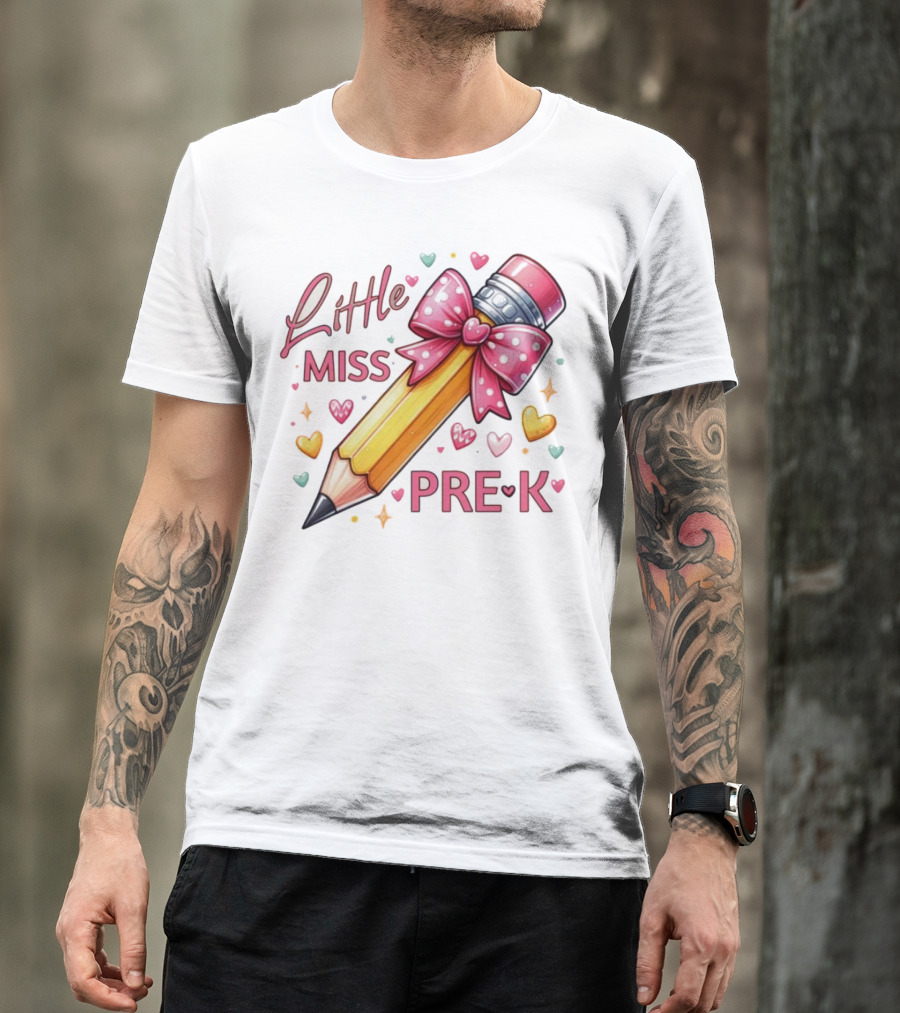 Little Miss Pre-K Pencil With Pink Bow And Hearts T-Shirt
