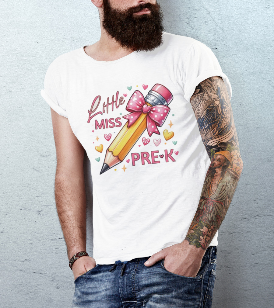 Little Miss Pre-K Pencil With Pink Bow And Hearts T-Shirt