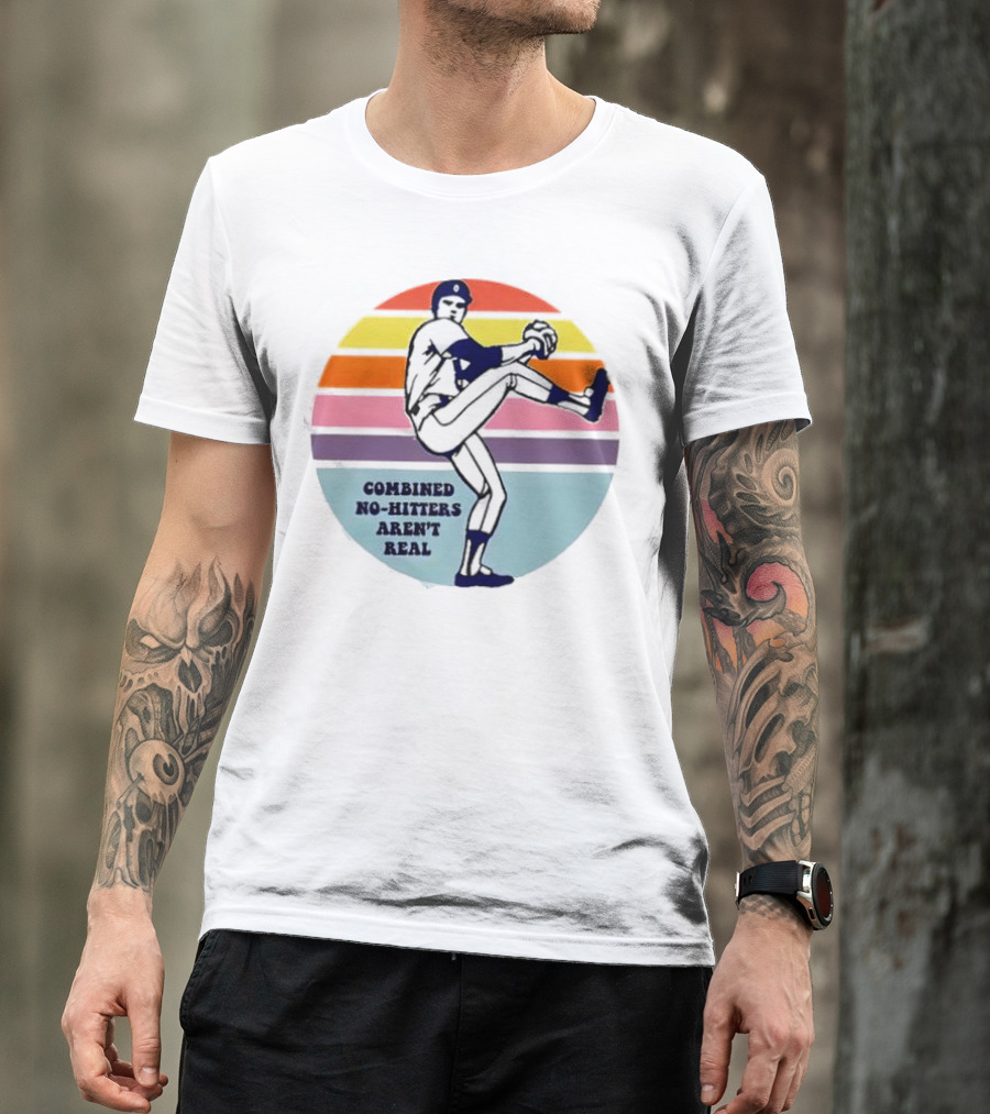Combined No-Hitters Aren't Real Baseball Pitcher With Colorful Stripes Background T-Shirt