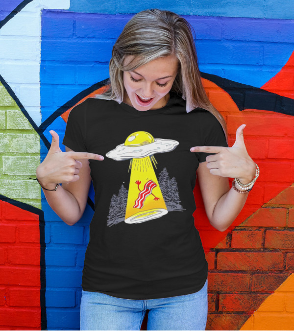 Wonder Nation Alien Breakfast Egg UFO Beaming Up A Walking Bacon Slice In Forest T-Shirt