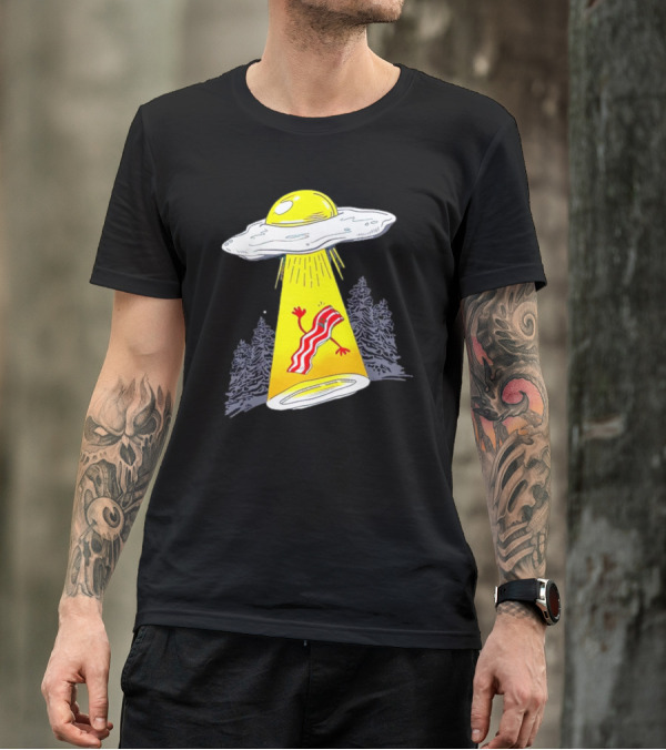 Wonder Nation Alien Breakfast Egg UFO Beaming Up A Walking Bacon Slice In Forest T-Shirt