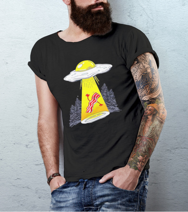 Wonder Nation Alien Breakfast Egg UFO Beaming Up A Walking Bacon Slice In Forest T-Shirt