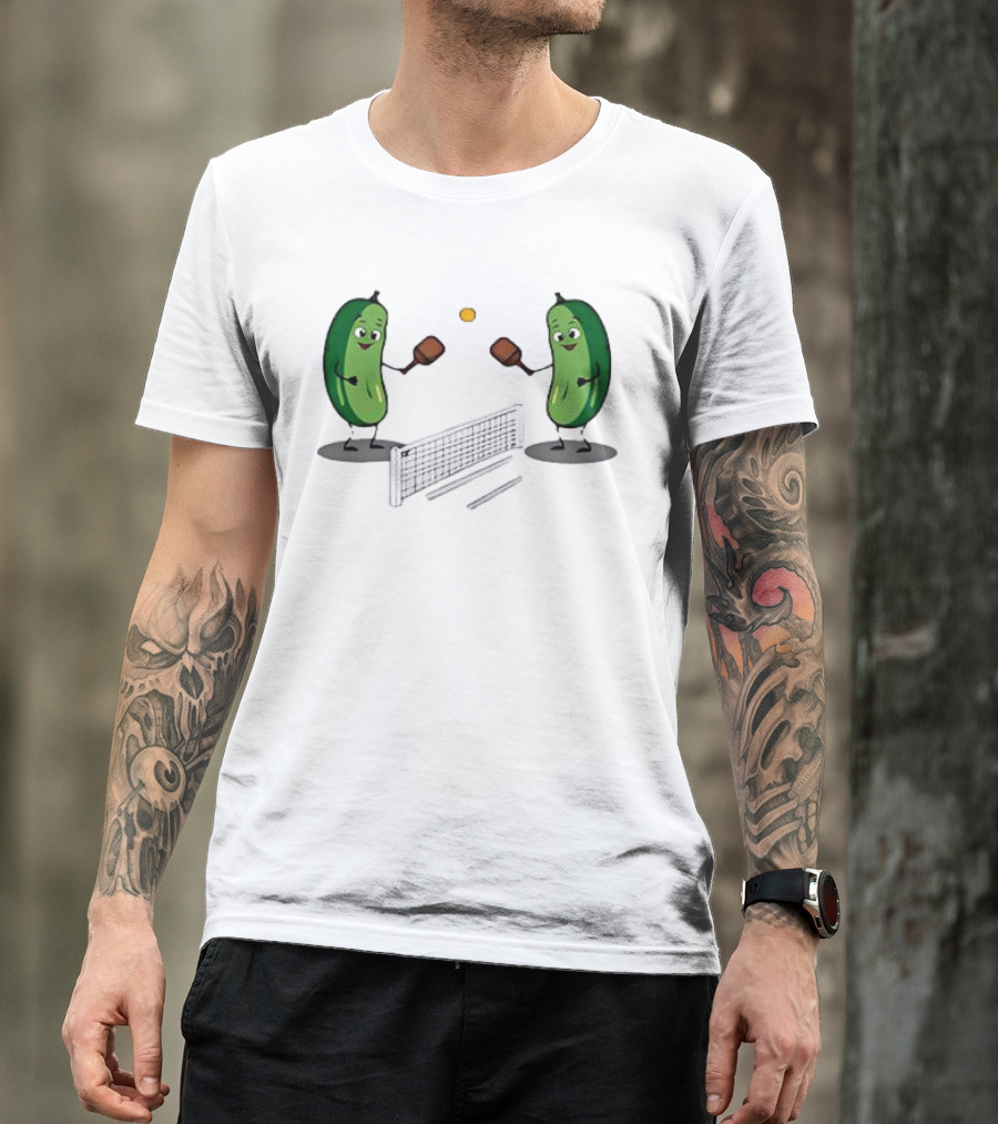 Pickles Playing Pickleball With Smiling Characters And Paddles T-Shirt