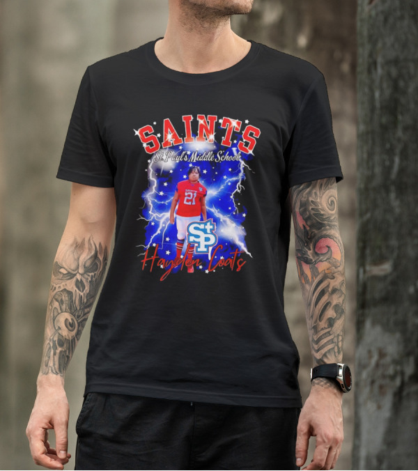 Saints St Paul’s Middle School Football Hayden Coats 21 Lightning Background T-Shirt