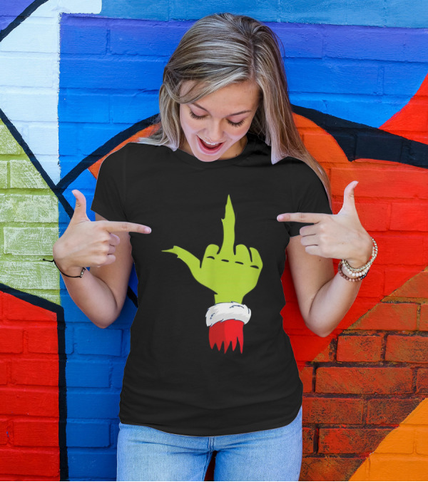Grinch Middle Finger Merry Christmas Santa Hand Gesture T-Shirt
