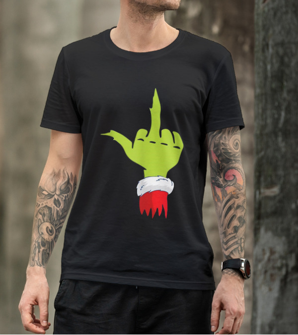 Grinch Middle Finger Merry Christmas Santa Hand Gesture T-Shirt