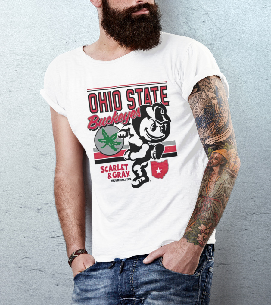 Ohio State Buckeyes Scarlet And Gray Buckeyes State Vintage Style With Script Logo And Buckeye Leaf T-Shirt