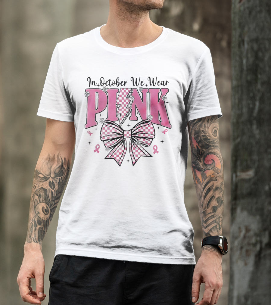 In October We Wear Pink Checkered Bow Lightning T-Shirt