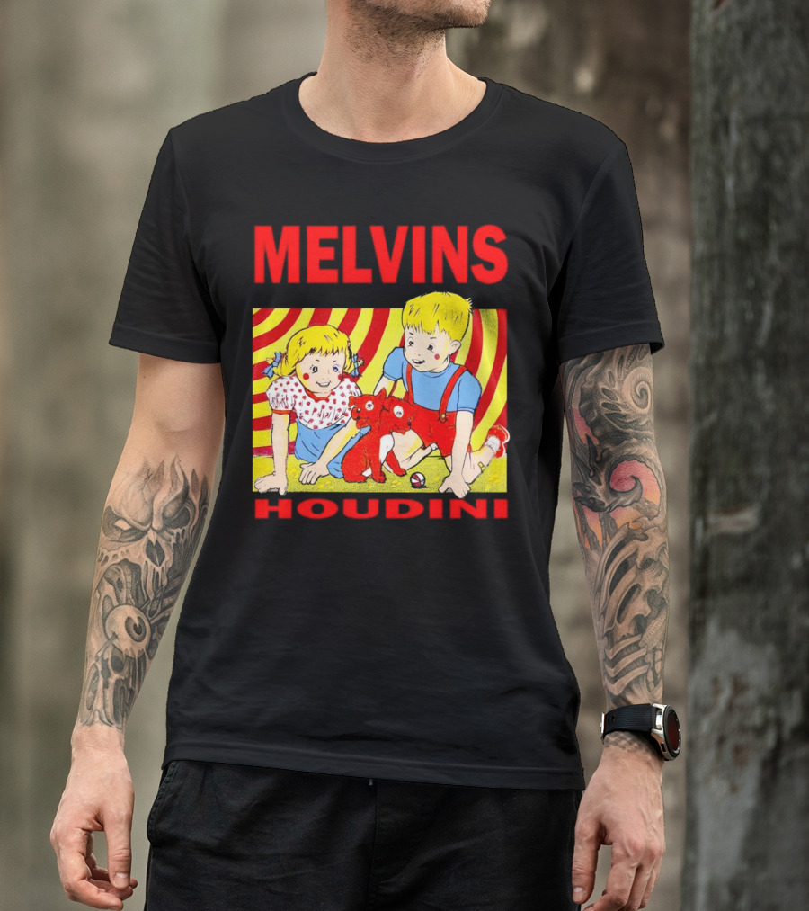Melvins Houdini Late 00s Jerks Kids With Red Dog And Swirling Red Yellow Background T-Shirt