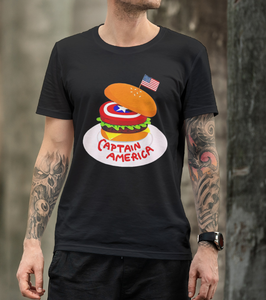 Captain America Burger With Flag And Shield Lettuce Bun T-Shirt