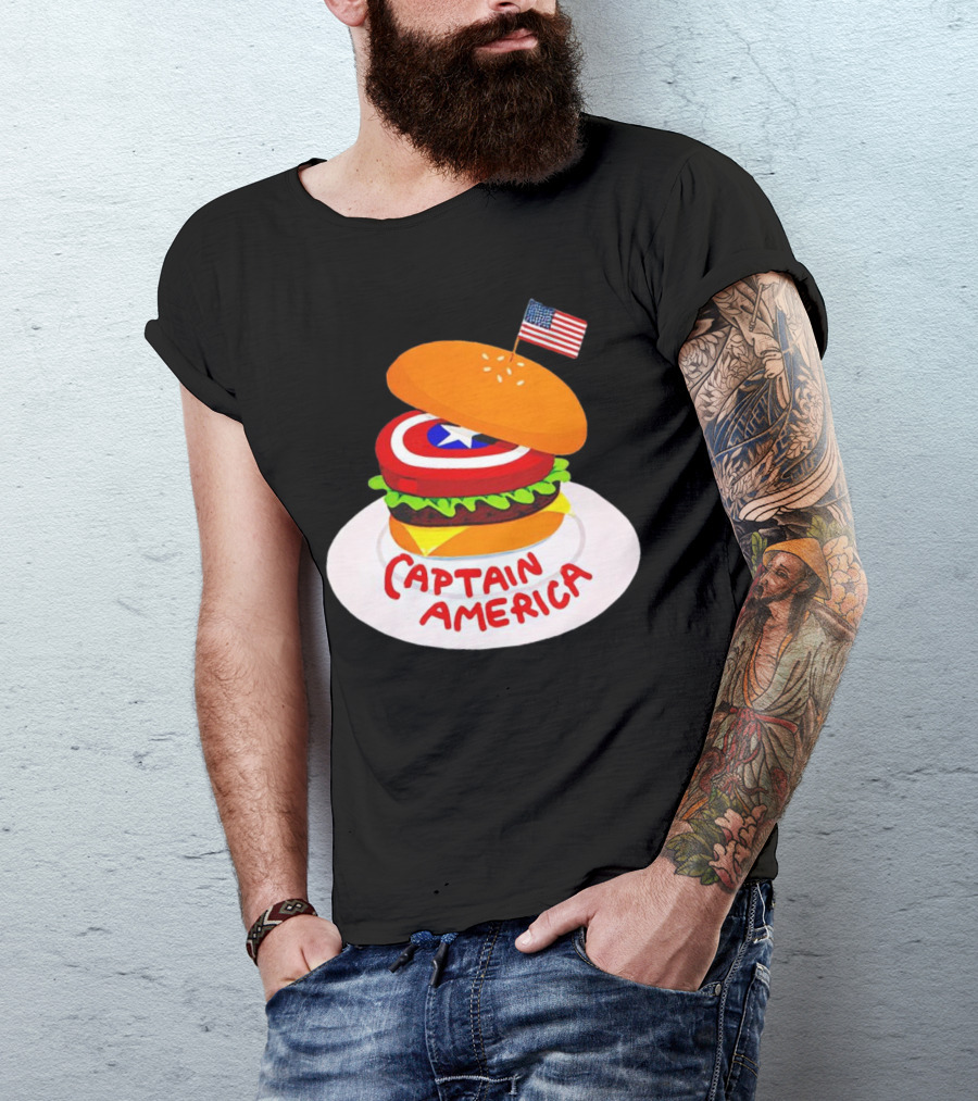 Captain America Burger With Flag And Shield Lettuce Bun T-Shirt