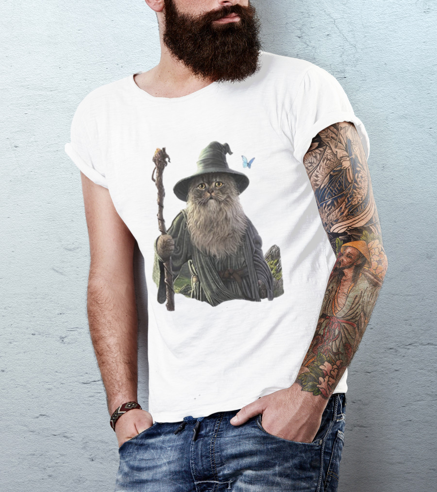 Cat The Mountain Wizard Catdalf Cat With Staff And Hat T-Shirt