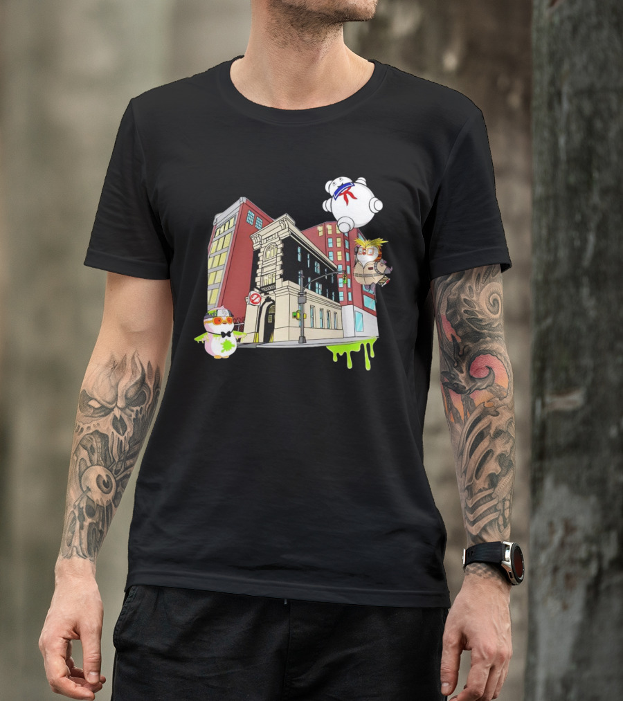 Stay Puft Marshmallow Man Pudgy Penguins Ghostbusters Firehouse Scene T-Shirt