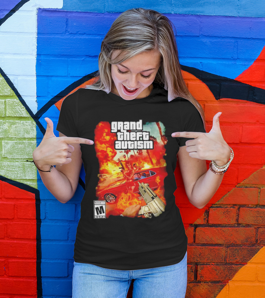 Grand Theft Autism Video Game Cover Parody With Car And Weapon T-Shirt