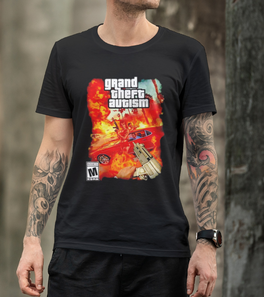 Grand Theft Autism Video Game Cover Parody With Car And Weapon T-Shirt