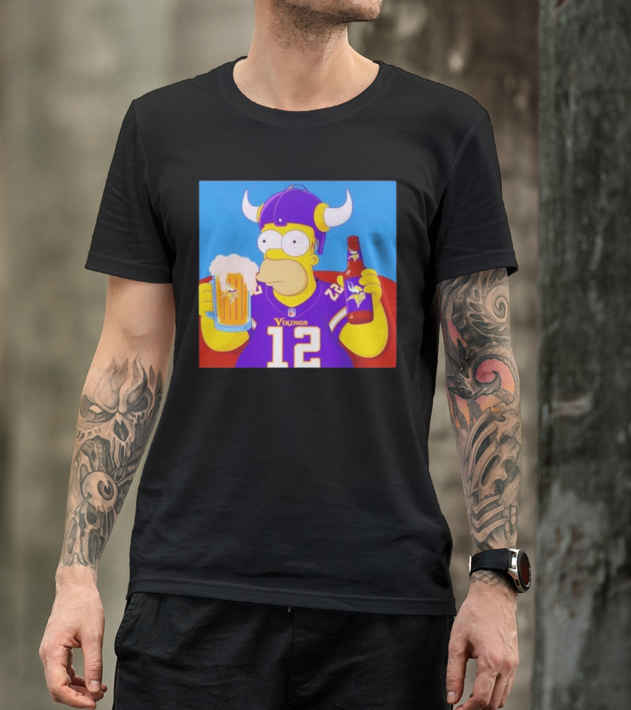 Homer Simpson In Minnesota Vikings Gear Drinking Beer T-Shirt