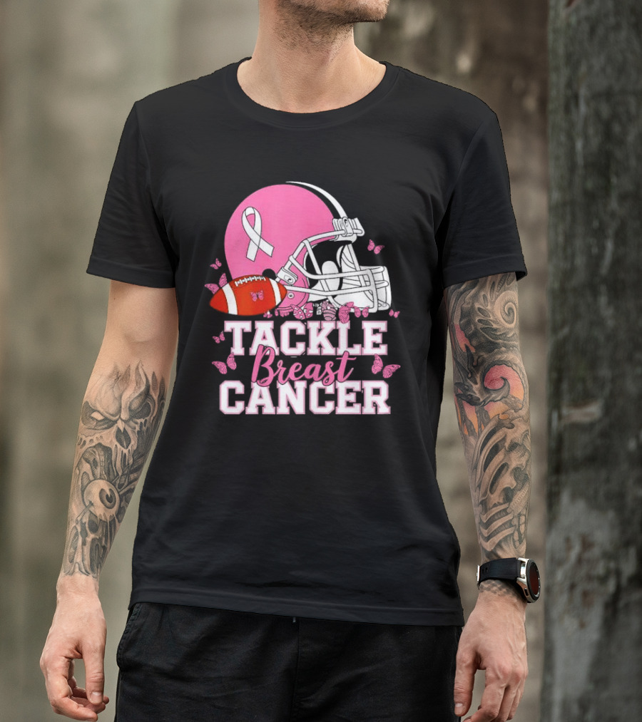 Tackle Breast Cancer Awareness Pink Football Helmet Ribbon Butterflies T-Shirt