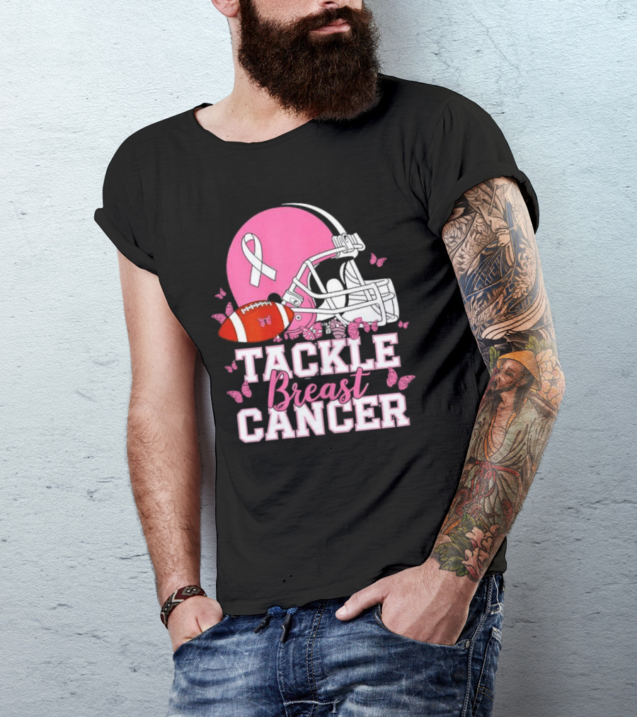 Tackle Breast Cancer Awareness Pink Football Helmet Ribbon Butterflies T-Shirt