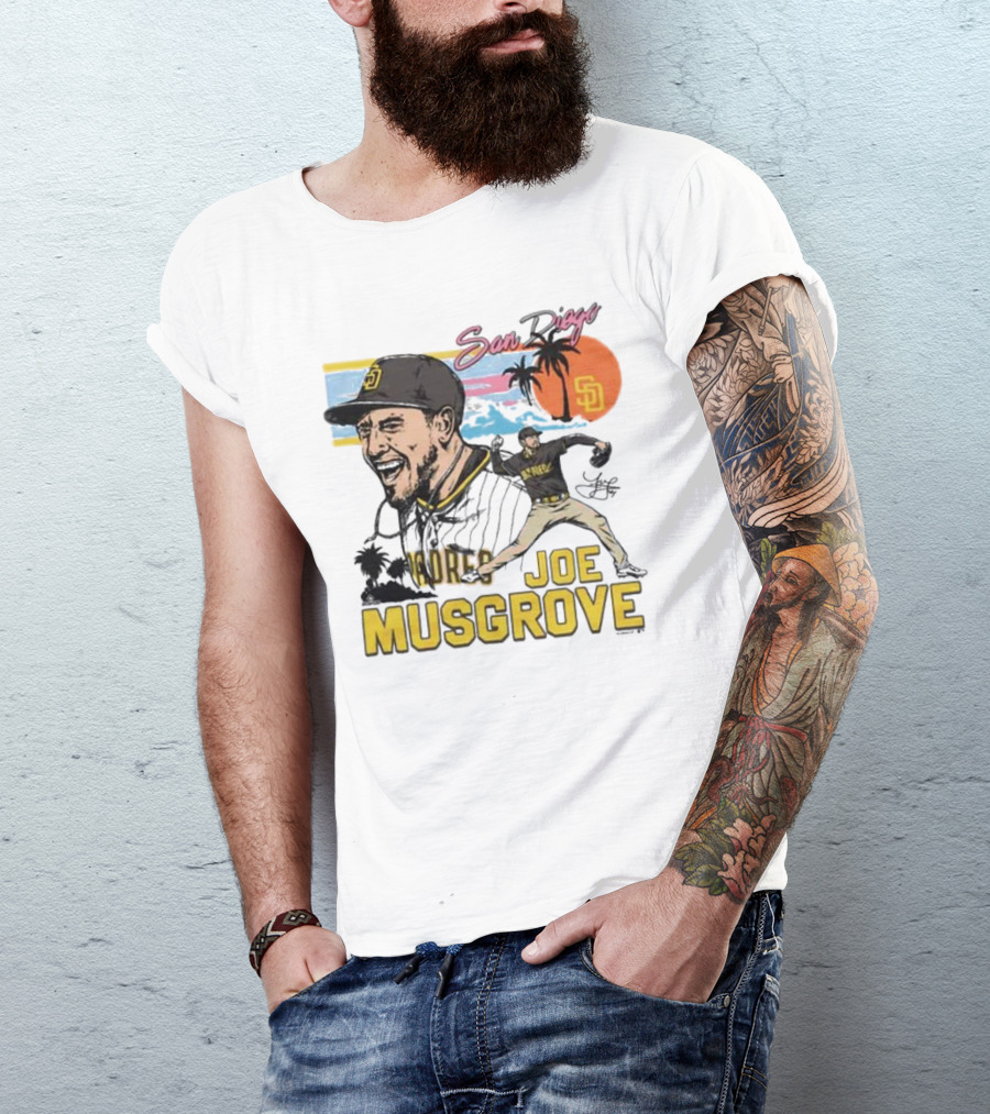 Joe Musgrove San Diego Padres Sunset Palm Trees Signature Caricature T-Shirt