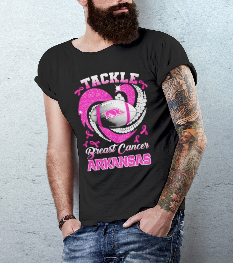 Arkansas Razorbacks Tackle Breast Cancer Pink Ribbon Heart Football T-Shirt