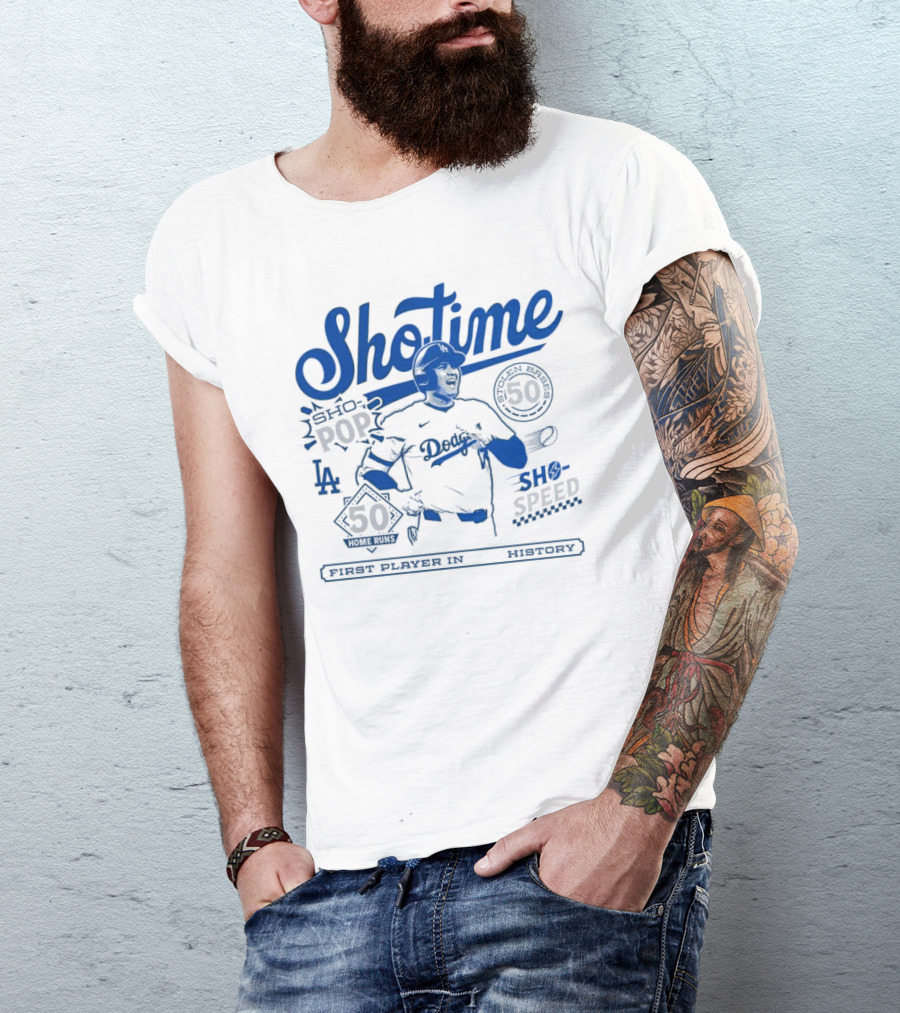 Shohei Ohtani Showtime Los Angeles Dodgers 50 Home Runs 50 Stolen Bases Sho Pop Sho Speed First Player In History T-Shirt