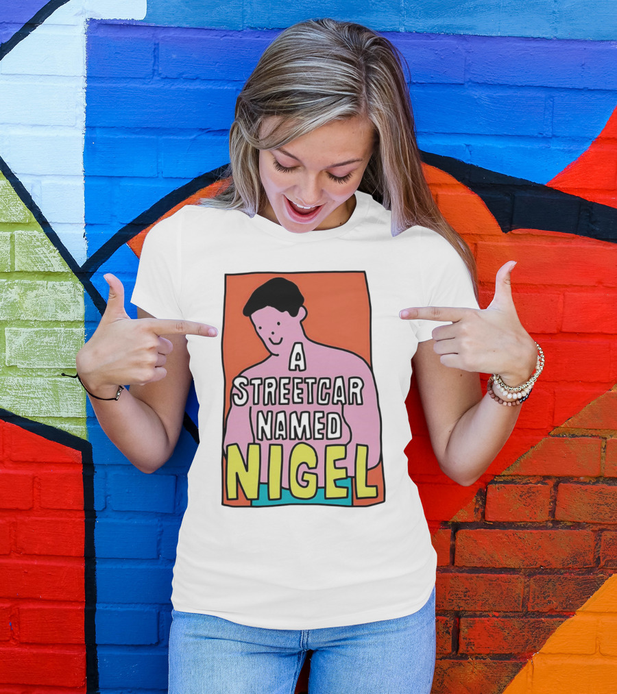 A Streetcar Named Nigel Pink Cartoon Character With Orange Background T-Shirt