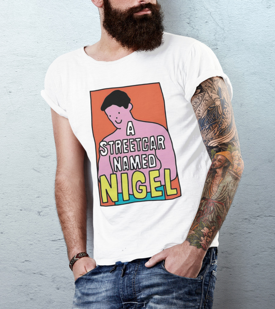 A Streetcar Named Nigel Pink Cartoon Character With Orange Background T-Shirt
