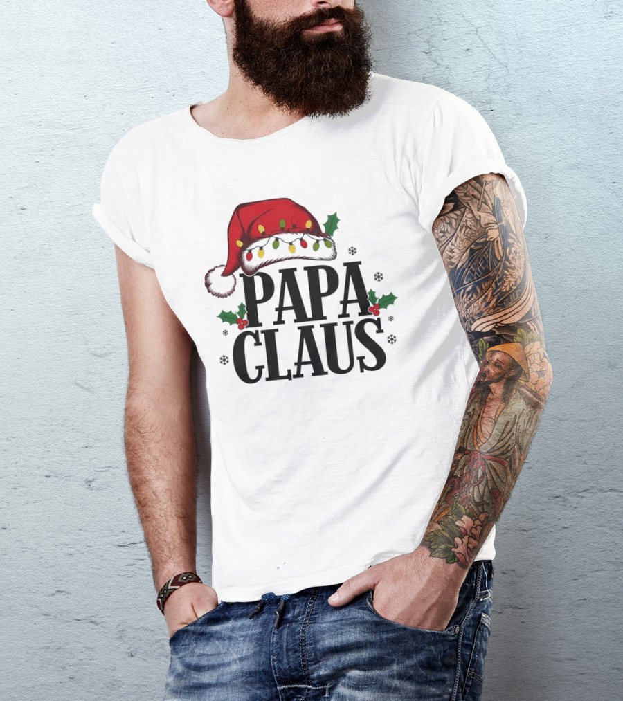 Papa Claus Christmas Santa Hat Holly Lights Snowflakes T-Shirt