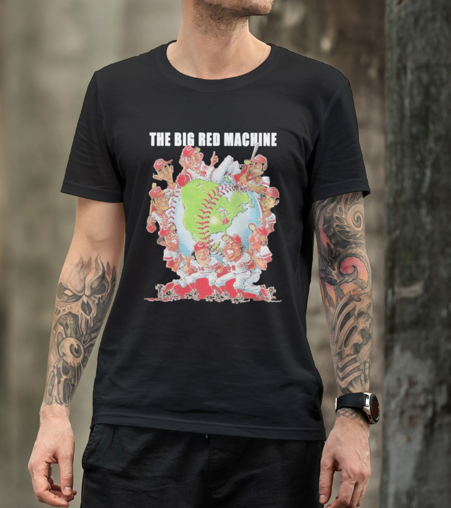 The Big Red Machine Cincinnati Reds Legends Baseball Globe Caricature T-Shirt