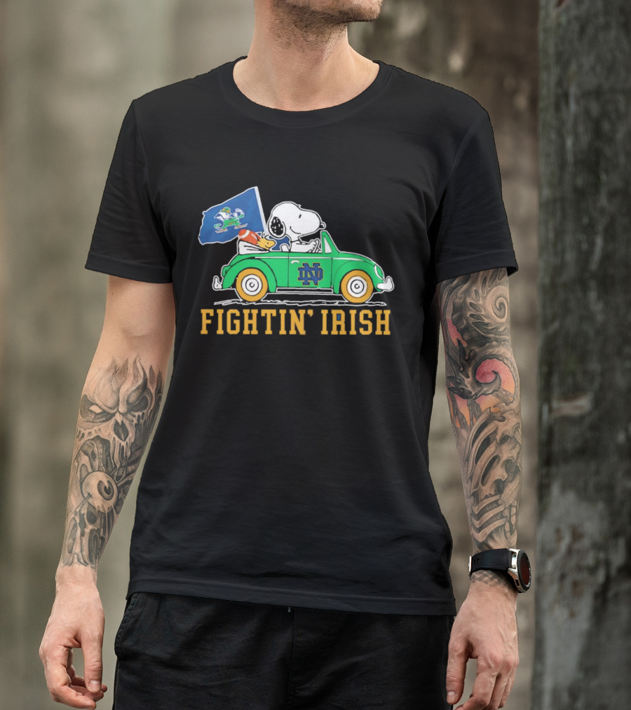 Snoopy And Woodstock Driving ND Car Fightin' Irish T-Shirt