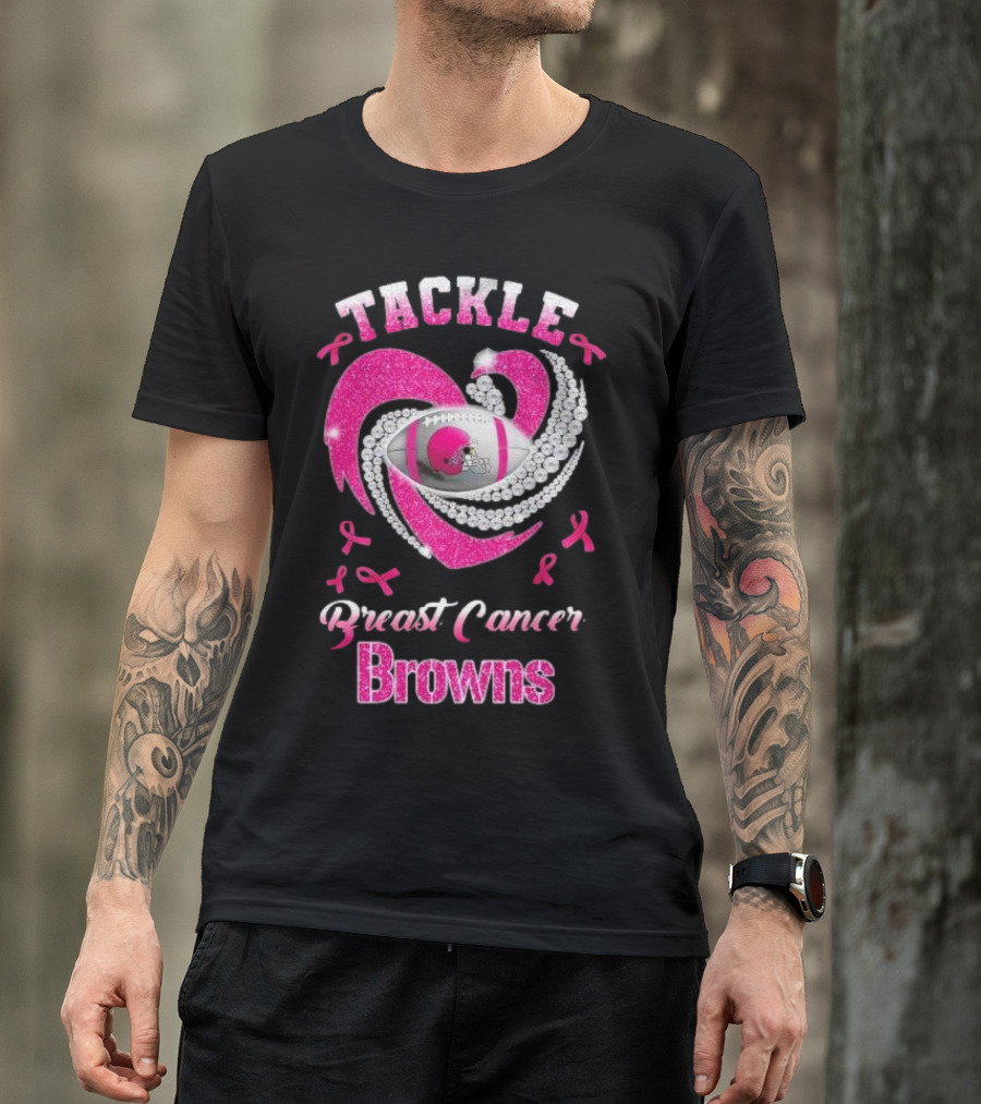 Tackle Breast Cancer Browns Pink Ribbon Football T-Shirt