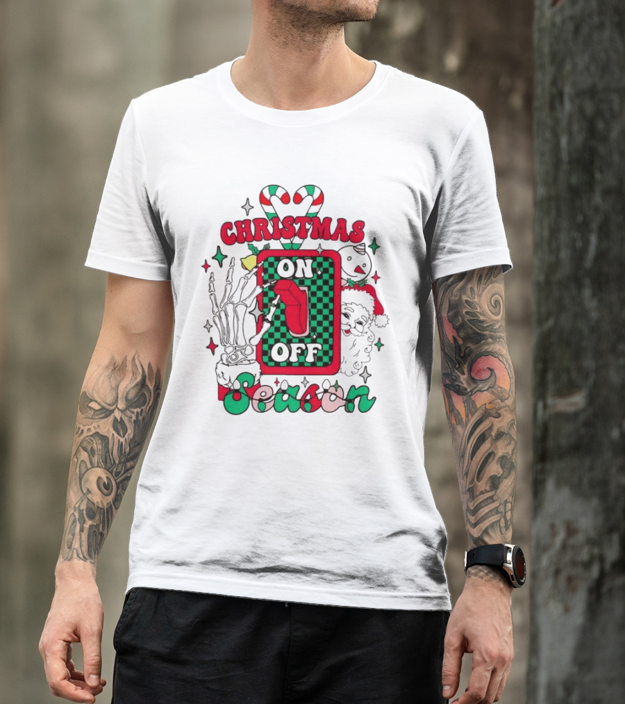 Christmas Season On Off Skeleton Hand Santa Claus T-Shirt